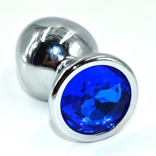 Анальная втулка Kanikule Plug Silver Blue M с тёмно-синим кристаллом, металл, 50 г