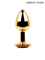 GOLDEN PLUG SMALL с красным кристаллом L 7,2 см D 2,8 см вес 50 г — элегантная стальная анальная пробка для начинающих с роскошным сверкающим камнем! — изображение 3